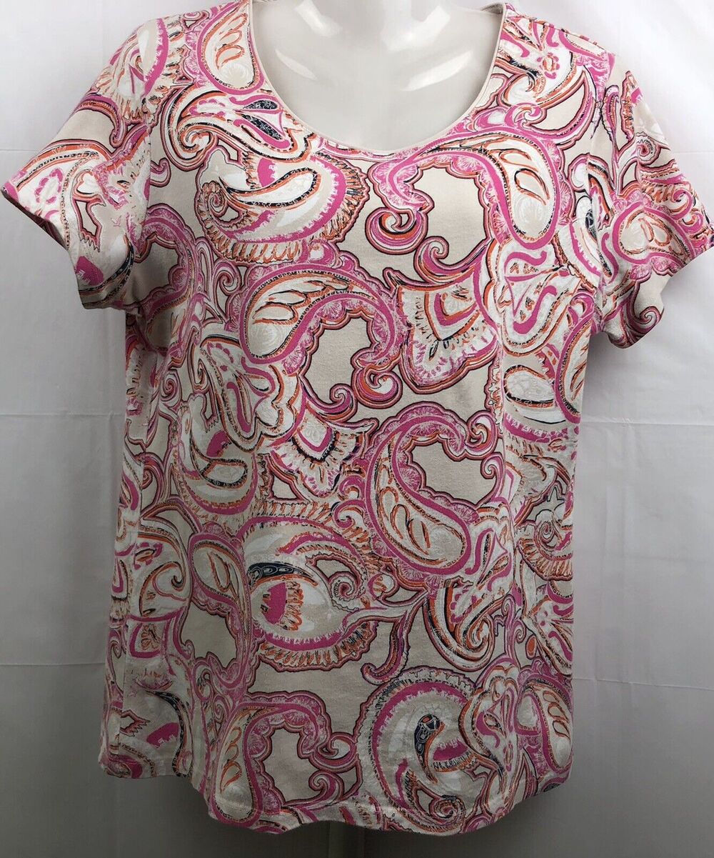 Kim Rogers Top Women M Pink Paisley Cotton Blend Short Sleeve T-Shirt Stretch